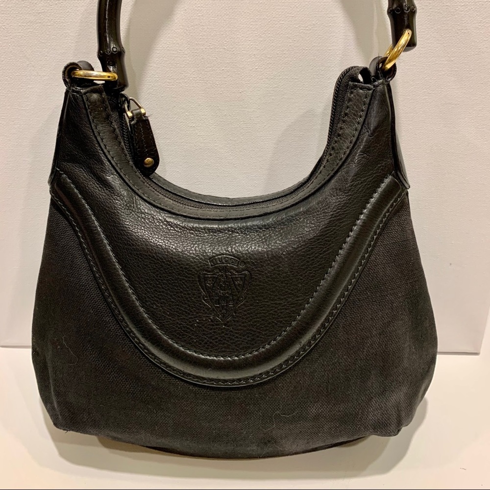 Vintage GUCCI Leather and Cloth Hobo Bamboo Handle